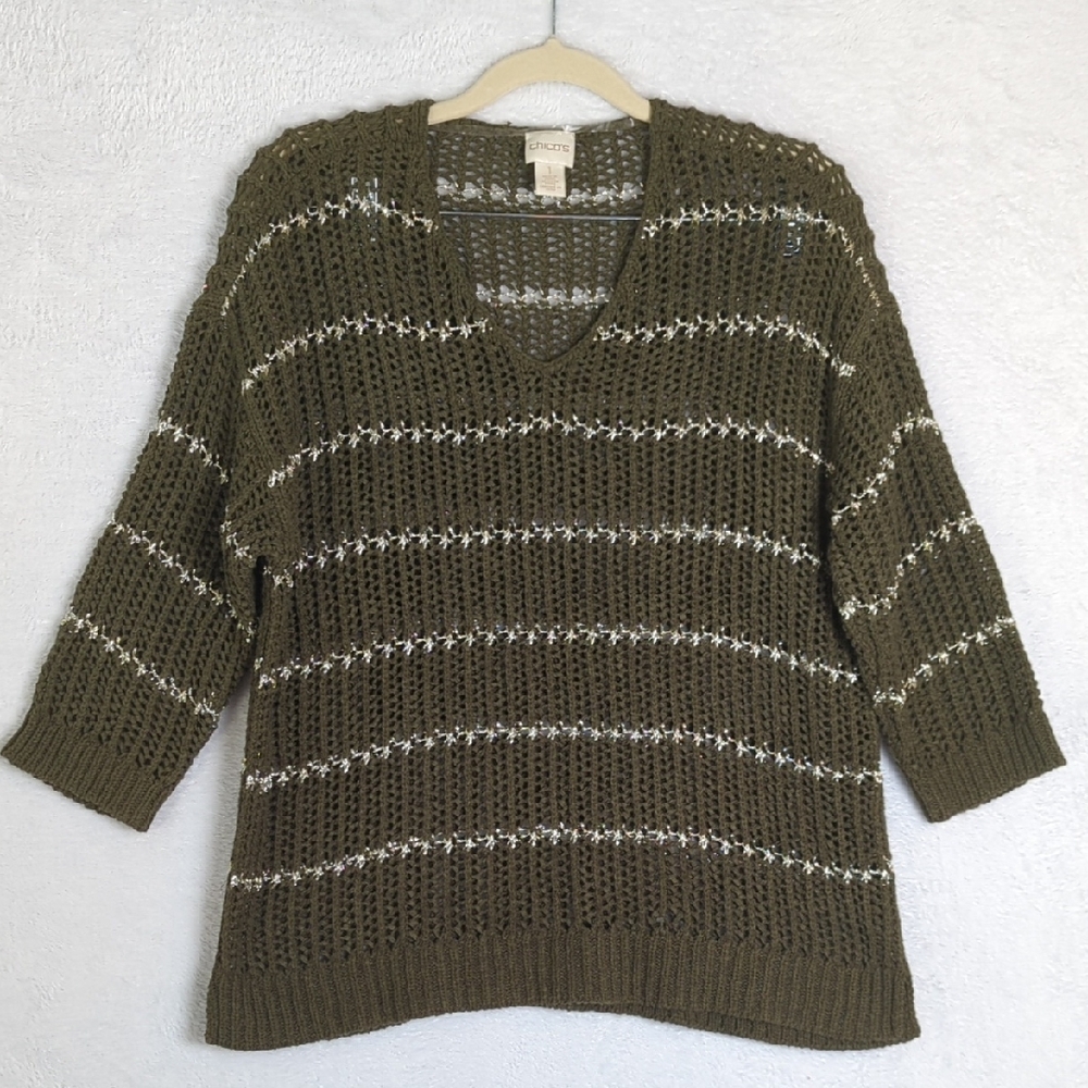 Chico's Olive Green Women's Knit Metallic 3/4 Sleeve Shirt Size M